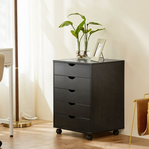 CONCETTA 5-Drawer Wooden Storage Chest, Mobile File Cabinet with Wheels, Versatile Dresser for Home, Office, or Bedroom Organization, Black