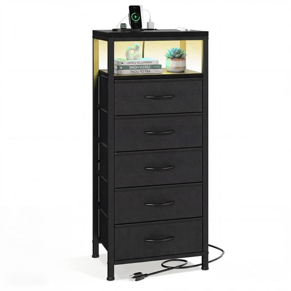 CONCETTA 5 Fabric Drawers Nightstand with Charging Station, USB/Type-C Ports, Adjustable Feet, Bedroom, Black
