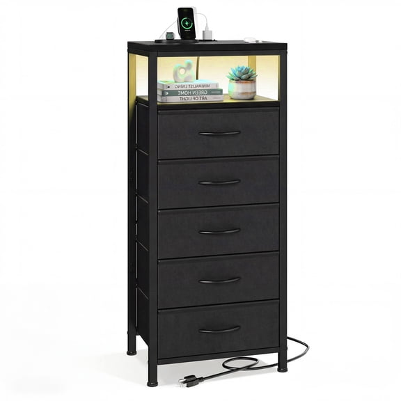 CONCETTA 5 Fabric Drawers Nightstand with Charging Station, USB/Type-C Ports, Adjustable Feet, Bedroom, Black