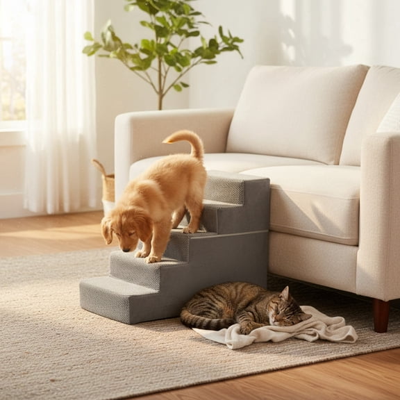 SHOUFTW 5-Step Right Angle Pet Stairs Ramp, High-Density Foam Dog Cat Steps, Non-Slip Indoor Ladder for Couch, High Beds, Sofa, Gray