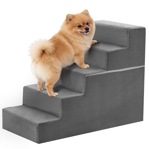 SHOUFTW 5-Step Right Angle Pet Stairs Ramp, High-Density Foam Dog Cat Steps, Non-Slip Indoor Ladder for Couch, High Beds, Sofa, Gray