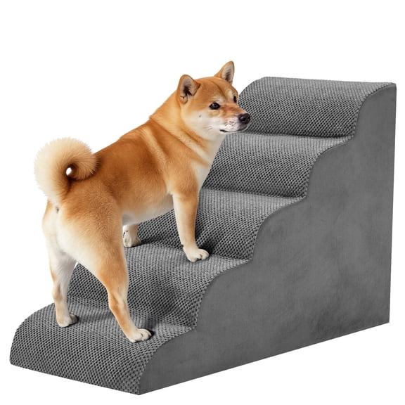 SHOUFTW 22.8 inch Round Edge Pet Stairs Ramp, 5-Step High-Density Foam Dog Cat Steps, Non-Slip Indoor Ladder for Couch, High Beds, Car, Gray