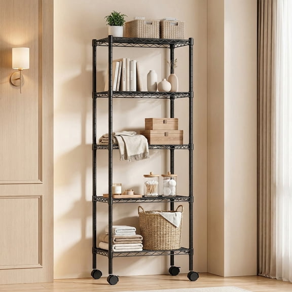 CONCETTA 5 Tier Heavy Duty Storage Shelves with Wheels, Adjustable Shelving Unit for Garage Kitchen Pantry, 200 lbs per Shelf, Black, 23" L x 13" W x 59" H