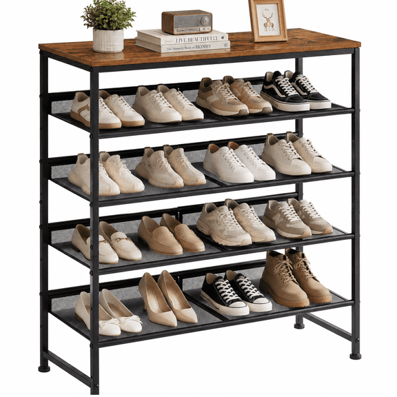 CONCETTA 5-Tier Adjustable Shoe Rack Antique Wood Mesh Metal Shelves Wooden Top for Entryway
