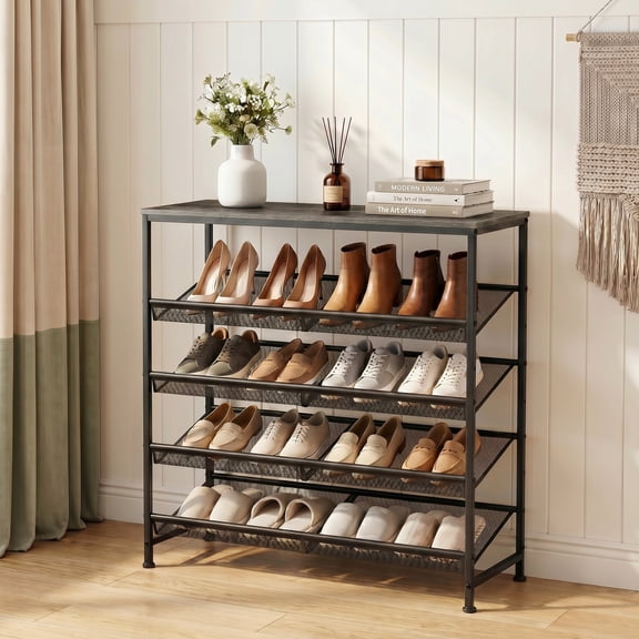 CONCETTA 5-Tier Adjustable Shoe Rack Grey Oak Mesh Metal Shelves Wooden Top for Entryway
