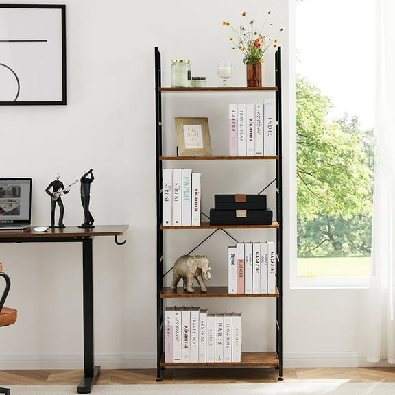 CONCETTA 5 Tier Storage Shelf, Adjustable Metal Storage Bookcase Shelf Rack, Brown