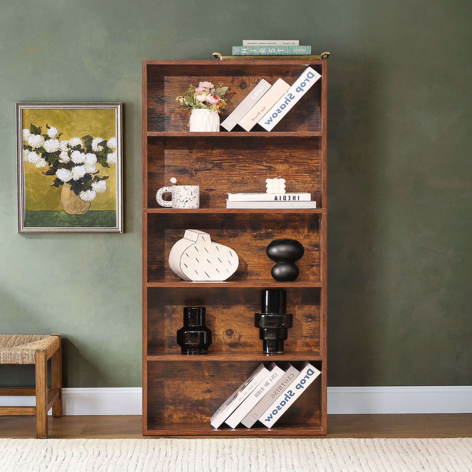 CONCETTA 53 Inch"H 5 Shelf Bookcase, Large Storage Floor Standing Open Bookshelf for Home, Office, Rustic Brown