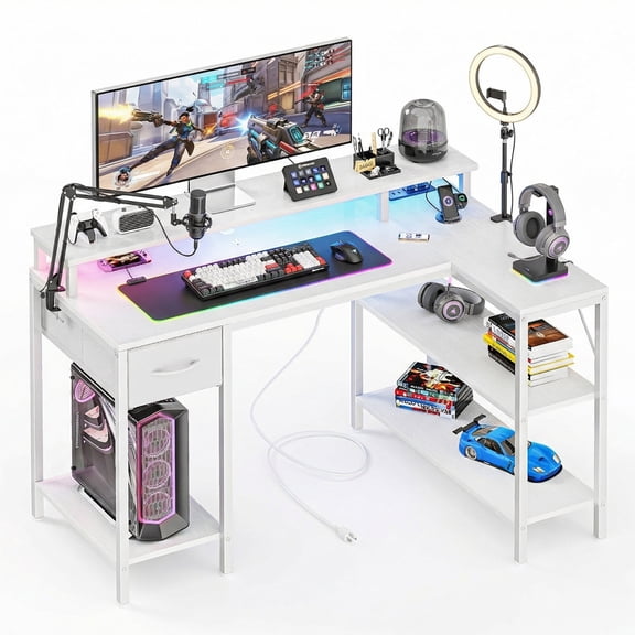 CONCETTA 53 inch L-Shaped Gaming Desk, Reversible Design with LED Lighting, Power Outlets and Double-Tier Storage, White for Home Office
