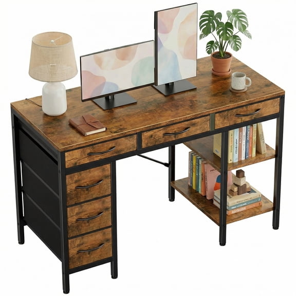 CONCETTA 55" Computer Desk with 6 Drawers and 2 Open Shelves, Modern Home Office Deskļ¼Rust