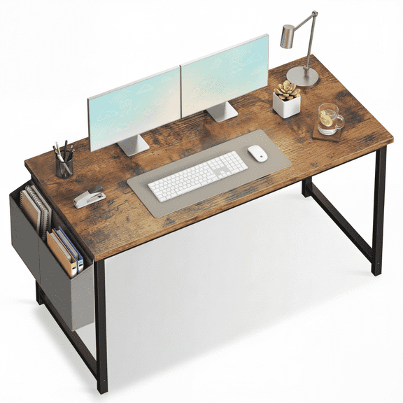 CONCETTA 55 Inch Computer Writing Desk with Storage Bag, Steel Frame for Home Office Study, Brown