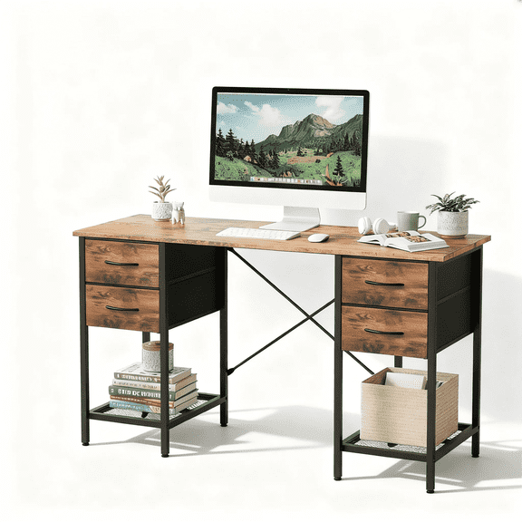 CONCETTA 55 Inch Computer Desk with 4 Drawers & Mesh Shelf, Large Desktop,Storage Desk for Home Office, Gaming & Study, Flexible Setup, Rustic Brown