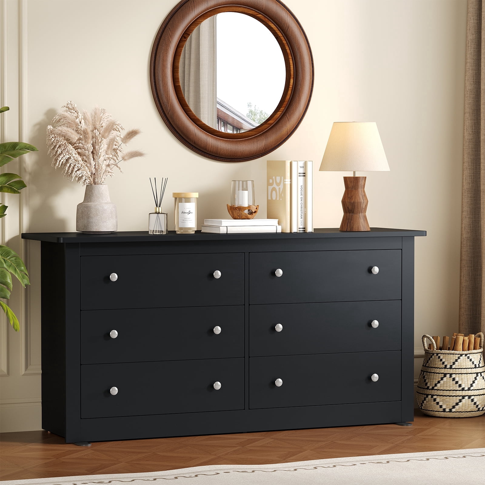 CONCETTA 6-Drawer Double Dresser for Bedroom, Wide Chest of Drawers, Bedroom Storage Furniture, Black