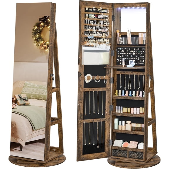 CONCETTA 6 LED Jewelry Cabinet with Frameless Full-Length Mirror, 360° Swivel Lockable Organizer Standing Armoire, 3 Storage Shelves, Brown