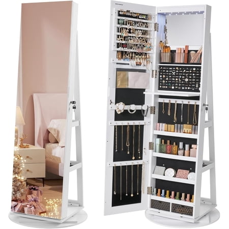 CONCETTA 6 LED Jewelry Cabinet with Frameless Full-Length Mirror, 360° Swivel Lockable Organizer Standing Armoire, 3 Storage Shelves, White