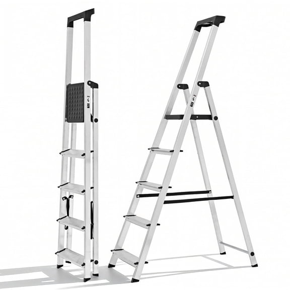 CONCETTA 62 Inch 5-Step Herringbone Aluminium Ladder with Non-Slip Treads and Comfortable Handrails, Sturdy Steel Ladder, Portable Heavy Duty Stepstool for Garage and Outdoor Use, Silver