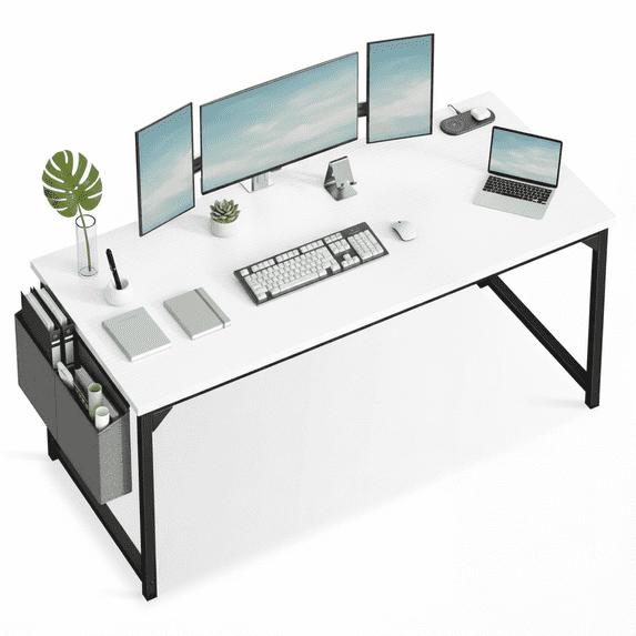CONCETTA 63 Inch Computer Writing Desk with Storage Bag, Steel Frame for Home Office Study, White