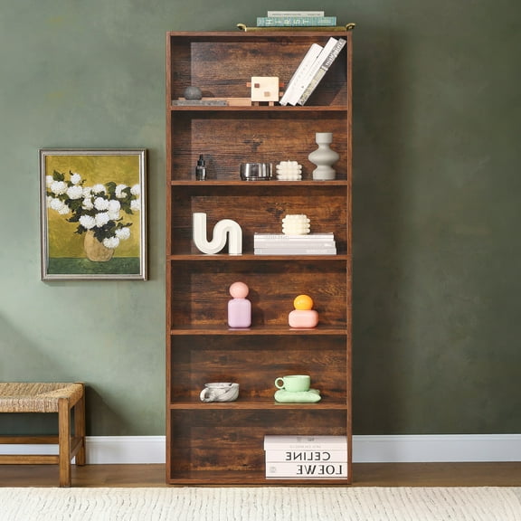 CONCETTA 63 Inch"H 6 Shelf Bookcase, Large Storage Floor Standing Open Bookshelf for Home, Office, Rustic Brown