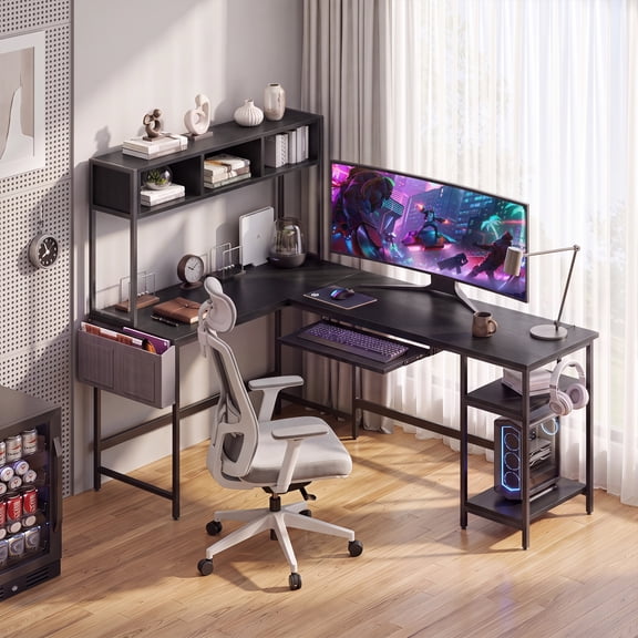 CONCETTA 67" Modern L-Shaped Gaming Desk with LED Lights and Power Outlets, Computer Desk with Drawer, Keyboard Tray for Monitors, Black