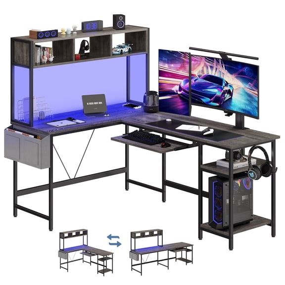 CONCETTA 67" Modern L-Shaped Gaming Desk with LED Lights and Power Outlets, Computer Desk with Drawer, Keyboard Tray for Monitors, Black
