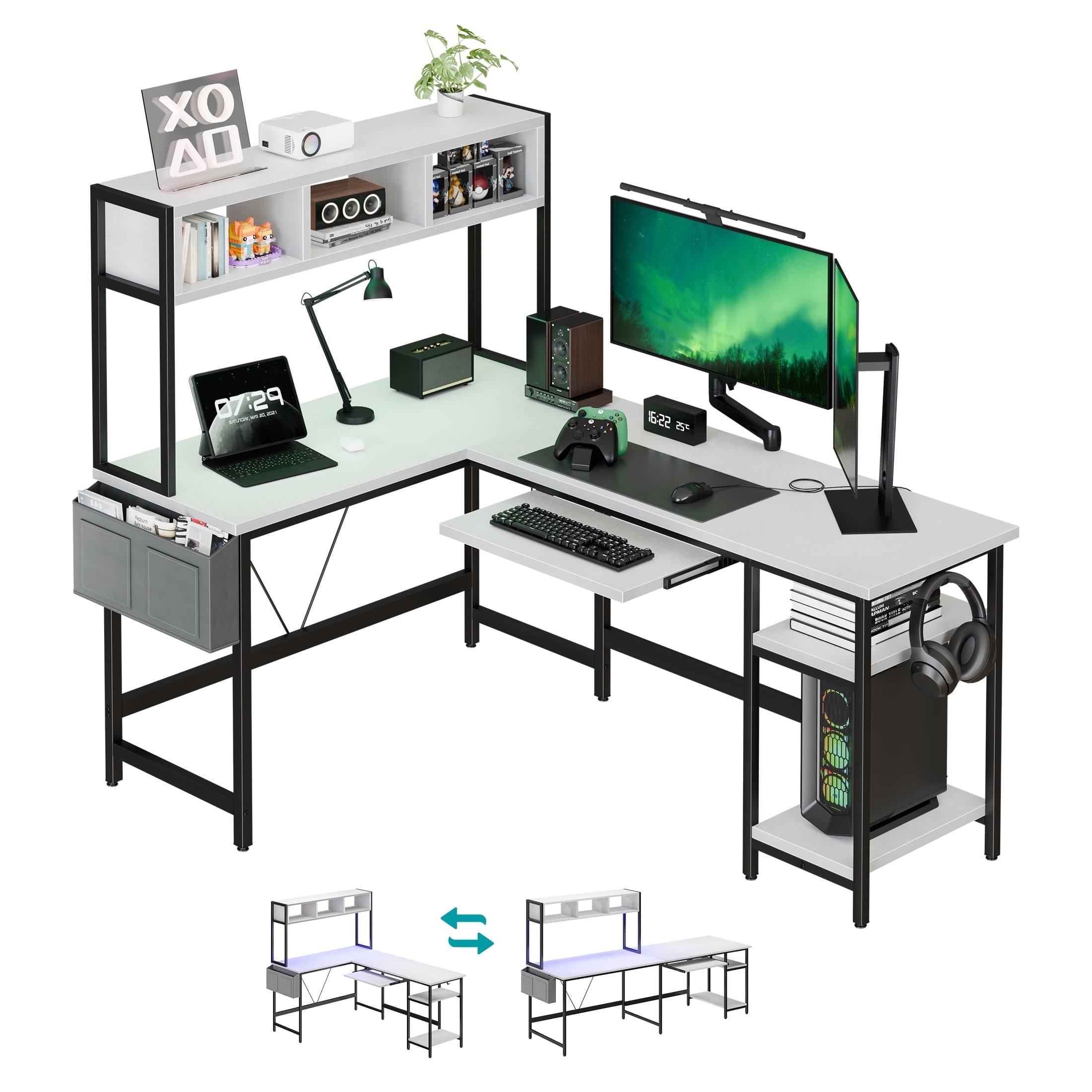 CONCETTA 67" Modern L-Shaped Gaming Desk with LED Lights and Power Outlets, Computer Desk with Drawer, Keyboard Tray for Monitors, Black