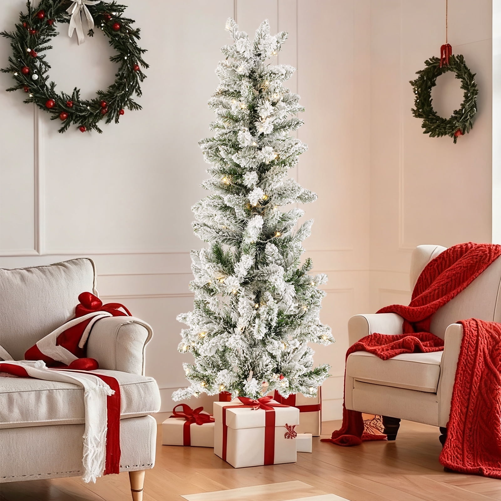CONCETTA 7.5ft Snow Flocked Pencil Christmas Tree, Prelighted Artificial Christmas Trees with 350 Incandescent Lights, 860 Branch Tips & Foldable Base for Home, Office, Party