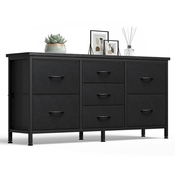CONCETTA 7 Drawer Storage TV Dresser, Metal Frames Resist Deformation, Adjustable Feet Prevent Tipping, Accommodates TV Up to 55 inch, Suitable for Living Room,Black