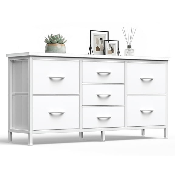 CONCETTA 7 Drawer Storage TV Dresser, Metal Frames Resist Deformation, Adjustable Feet Prevent Tipping, Accommodates TV Up to 55 inch, Suitable for Living Room, White