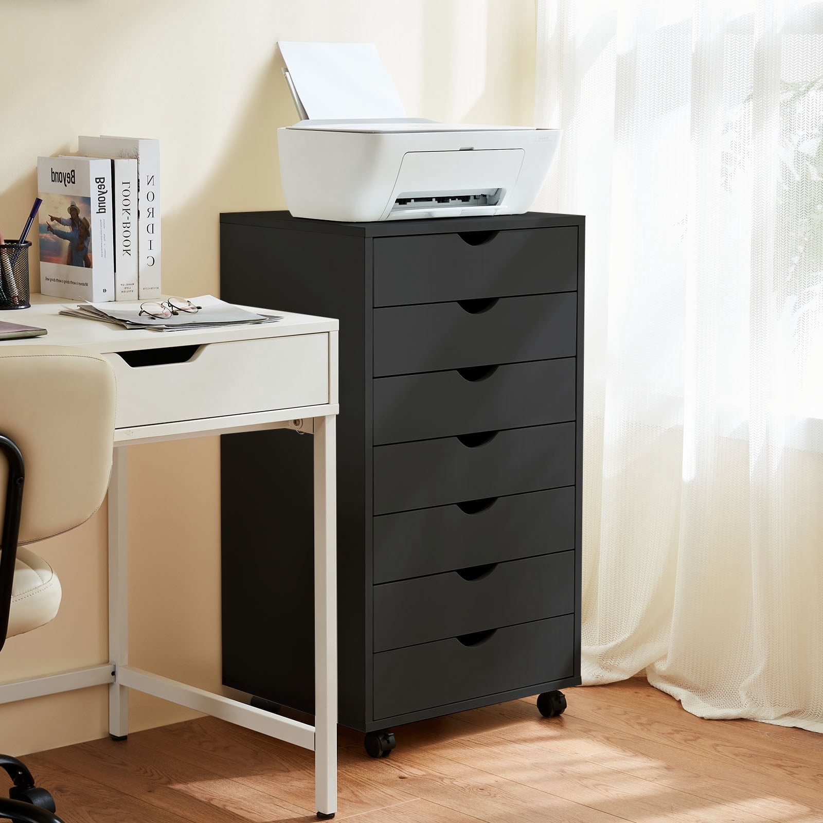 CONCETTA 7-Drawer Wooden Storage Chest, Mobile File Cabinet with Wheels, Versatile Dresser for Home, Office, or Bedroom Organization, Black