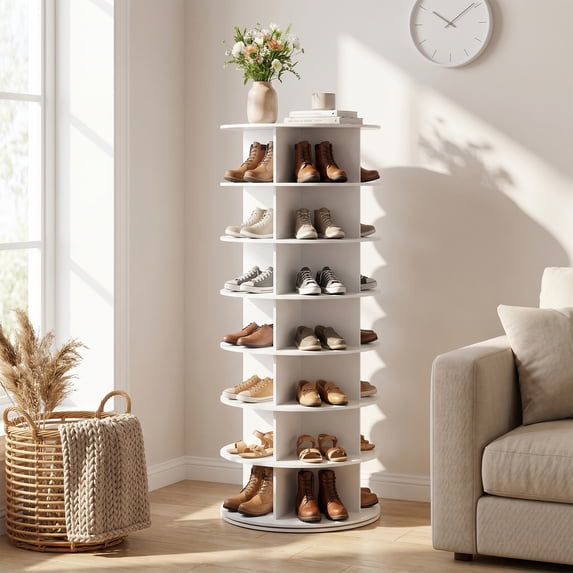 CONCETTA 7-Tier Rotating Shoe Rack, 360° Revolving Organizer with Partitioned Compartments, Vertical Storage for Entryway, White