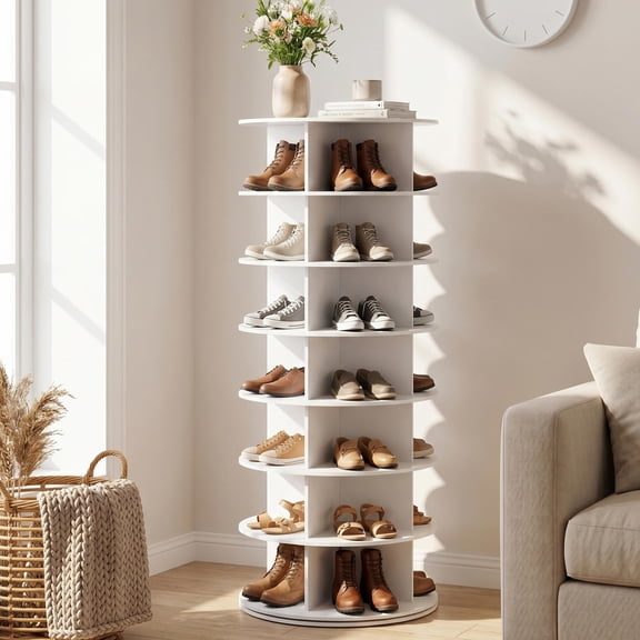 CONCETTA 7 Tier Rotating Shoe Rack Organizer, 360° Spinning Shoe Storage Tower, White Entryway Closet Shoe Shelf for Sneakers, Heels, Boots
