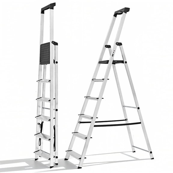 CONCETTA 71 Inch 6-Step Herringbone Aluminium Ladder with Non-Slip Treads and Comfortable Handrails, Sturdy Steel Ladder, Portable Heavy Duty Stepstool for Garage and Outdoor Use, Silver