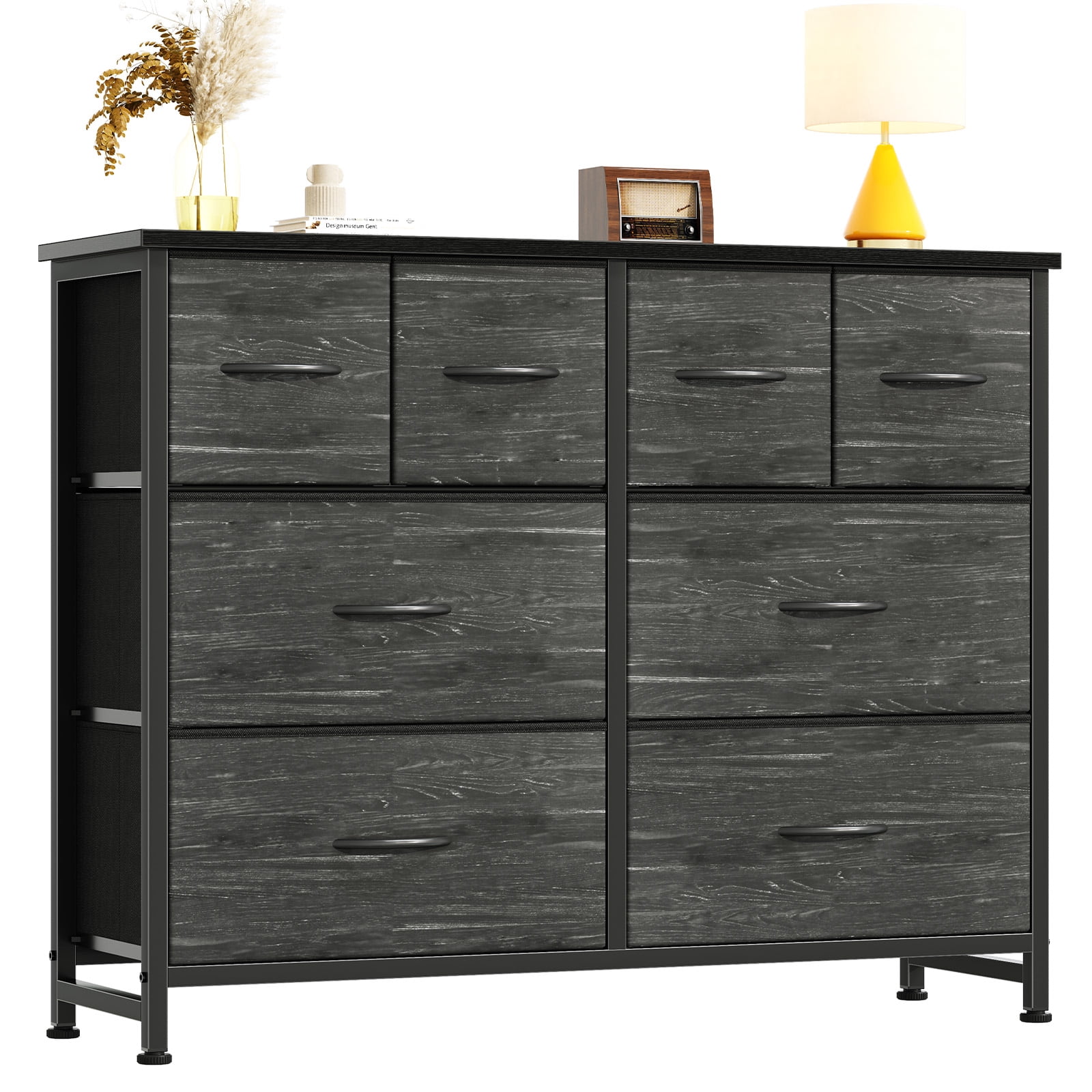 CONCETTA 8-Drawer Fabric Dresser, Wide Chest of Drawers, TV Stand for Bedroom, Living Room, Black Wood