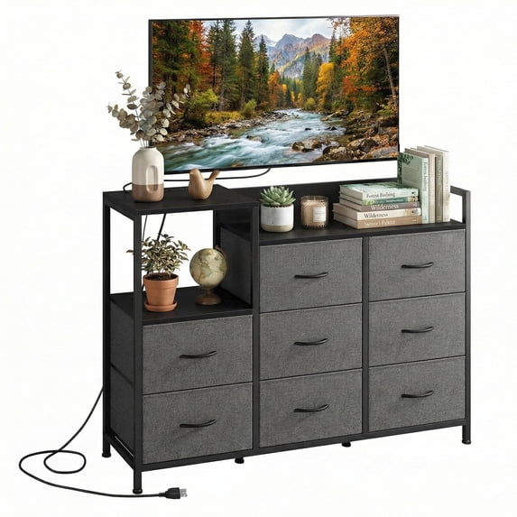 CONCETTA 8-Drawer Dresser TV Stand for Bedroom with Charging Station, Teen/Adult Fabric Storage with Open Shelves, Gray