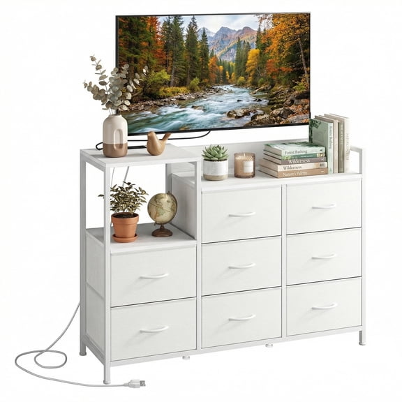 CONCETTA 8-Drawer Dresser TV Stand for Bedroom with Charging Station, Teen/Adult Fabric Storage with Open Shelves, White