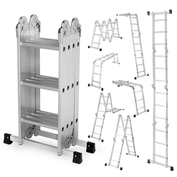 CONCETTA Multi-Functional Folding Telescopic Ladder - Made Of Aluminum Alloy, With Anti-Slip Design And Safety Lock System, Supports Up To 330 Lbs,  Suitable For Home, Outdoor, Or Workshop,Silver