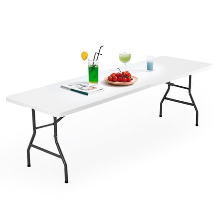 SHOUFTW 8FT Portable Folding Table, Heavy Duty Plastic Utility Table with Handle, Frame Lock & 300lb Capacity for Picnic, Party, Camping, White