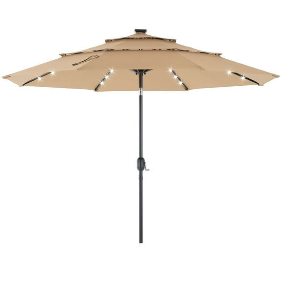 CONCETTA 9.2ft 3-Tier Solar Patio Umbrella with LED Lights, Tilt, Crank, for Garden, Deck, Pool, Khaki