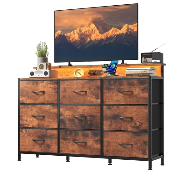 CONCETTA 47-inch TV Stand with RGB LED Lights & UL-Certified Charging Station for Families, 9 Fabric Drawers, Fits up to 55-inch TVs, Rust