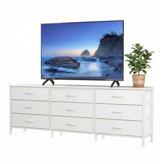 CONCETTA 9 Drawer Storage TV Dresser, Metal Frames Resist Deformation, Adjustable Feet Prevent Tipping, Accommodates TV Up to 75 inch, Suitable for Living Room, White