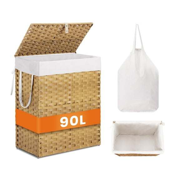 CONCETTA 90L Laundry Hamper with Lid, Removable Bags and Handles, Collapsible for Bedroom, Bathroom, Dorm Room, Laundry Room, Natural