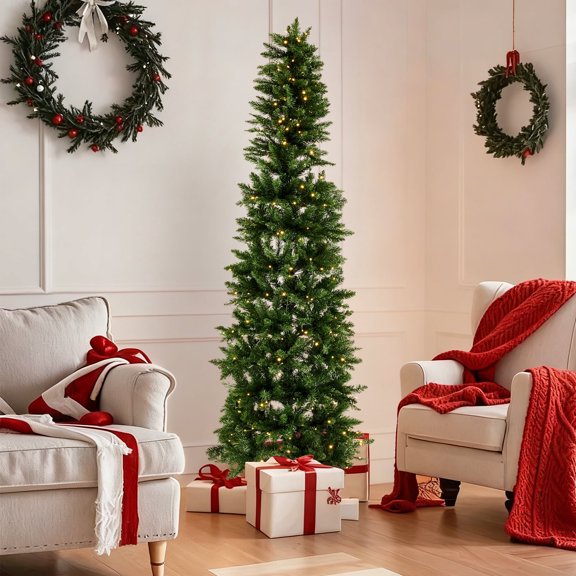 CONCETTA 9ft Pre-lit Pencil Christmas Tree, Green Artificial Spruce Slim Christmas Trees, With Incandescent Lights, Branch Tips & Foldable Base, For Home, Office, Party Decoration