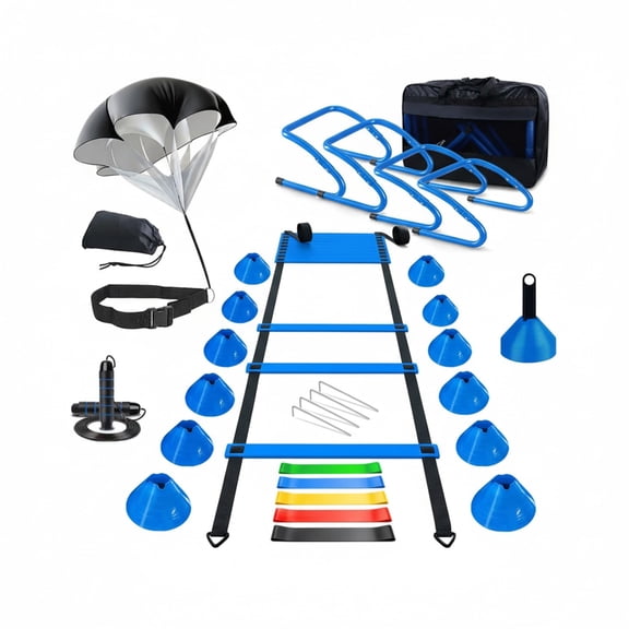 CONCETTA Agility Ladder Training Set with Speed Parachute, Hurdles, Cones, Jump Rope, Soccer Football Speed & Coordination Equipment, Blue