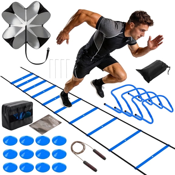 SHOUFTW Agility Ladder Training Set with Speed Parachute, Hurdles, Cones, Jump Rope, Athletic Speed & Coordination Workouts Equipment, Blue