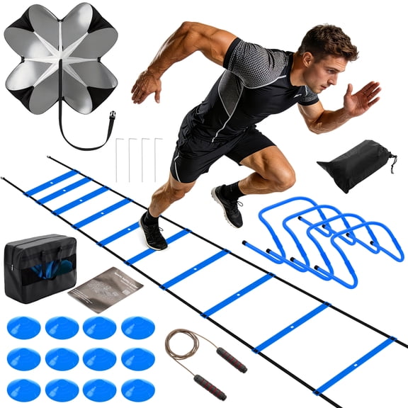 CONCETTA Agility Ladder Training Set with Speed Parachute, Hurdles, Cones, Jump Rope, Soccer Football Speed & Coordination Equipment, Blue