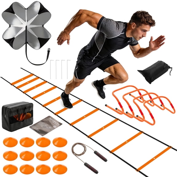 CONCETTA Agility Ladder Training Set with Speed Parachute, Hurdles, Cones, Jump Rope, Athletic Speed & Coordination Workouts Equipment, Orange