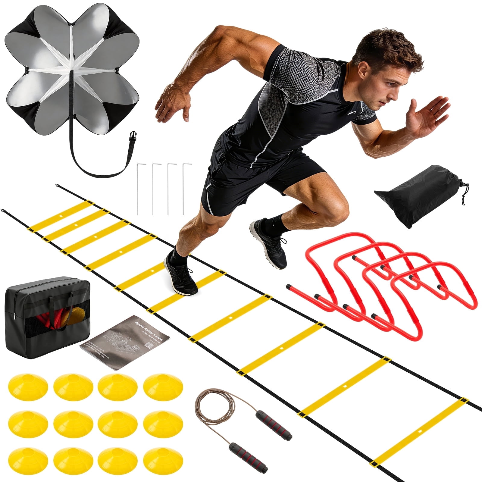 CONCETTA Agility Ladder Training Set with Speed Parachute, Hurdles, Cones, Jump Rope, Athletic Speed & Coordination Workouts Equipment, Yellow