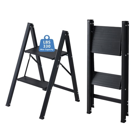 CONCETTA Aluminum alloy 2 Step Ladder, Folding Step Stool with Anti-Slip Pedal, Lightweight Portable Ladder for Home, Workplace, 330lbs Capacity, Black