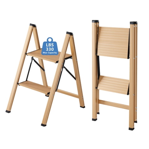 CONCETTA Aluminum alloy 2 Step Ladder, Folding Step Stool with Anti-Slip Pedal, Lightweight Portable Ladder for Home, Workplace, 330lbs Capacity, Rose Gold