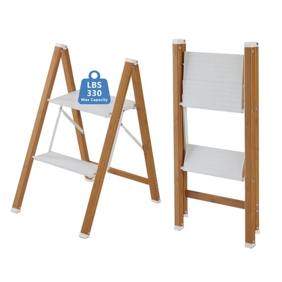 CONCETTA Aluminum alloy 2 Step Ladder, Folding Step Stool with Anti-Slip Pedal, Lightweight Portable Ladder for Home, Workplace, 330lbs Capacity, Wood Color With White