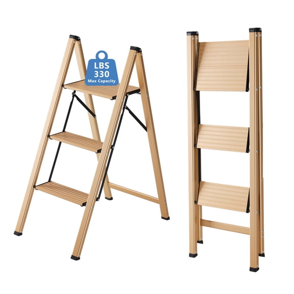 CONCETTA Aluminum alloy 3 Step Ladder, Folding Step Stool with Anti-Slip Pedal, Lightweight Portable Ladder for Home, Workplace, 330lbs Capacity, Rose Gold